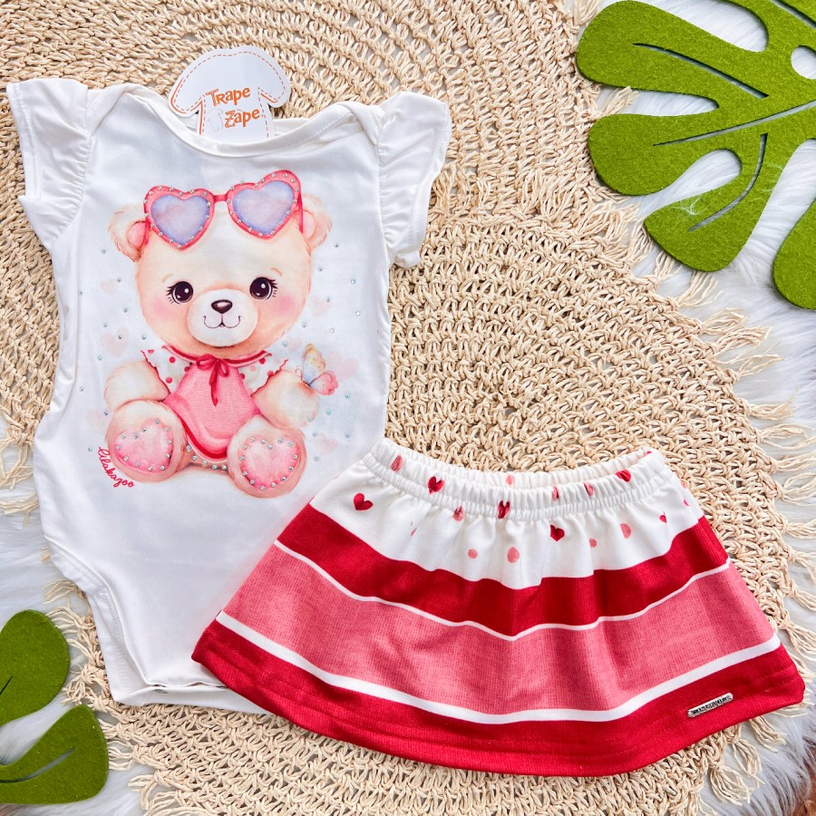 Conj. Body Ursinha com Óculos e Saia - Off White e Vermelho